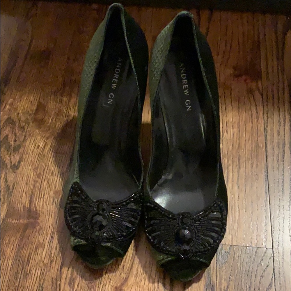 Andrew Gn open toe velvet and beaded heels